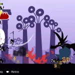 Captura de pantalla de gameplay de Patapon 1+2 Replay con los personajes Patapon marchando al ritmo de los tambores, en un escenario colorido que muestra el estilo artístico tribal del juego.