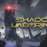 Una imagen del protagonista de Shadow Labyrinth, Swordsman Nº 8, en un pasillo oscuro de estilo cyberpunk, mientras su compañero PUCK, un orbe de energía, ilumina el camino.