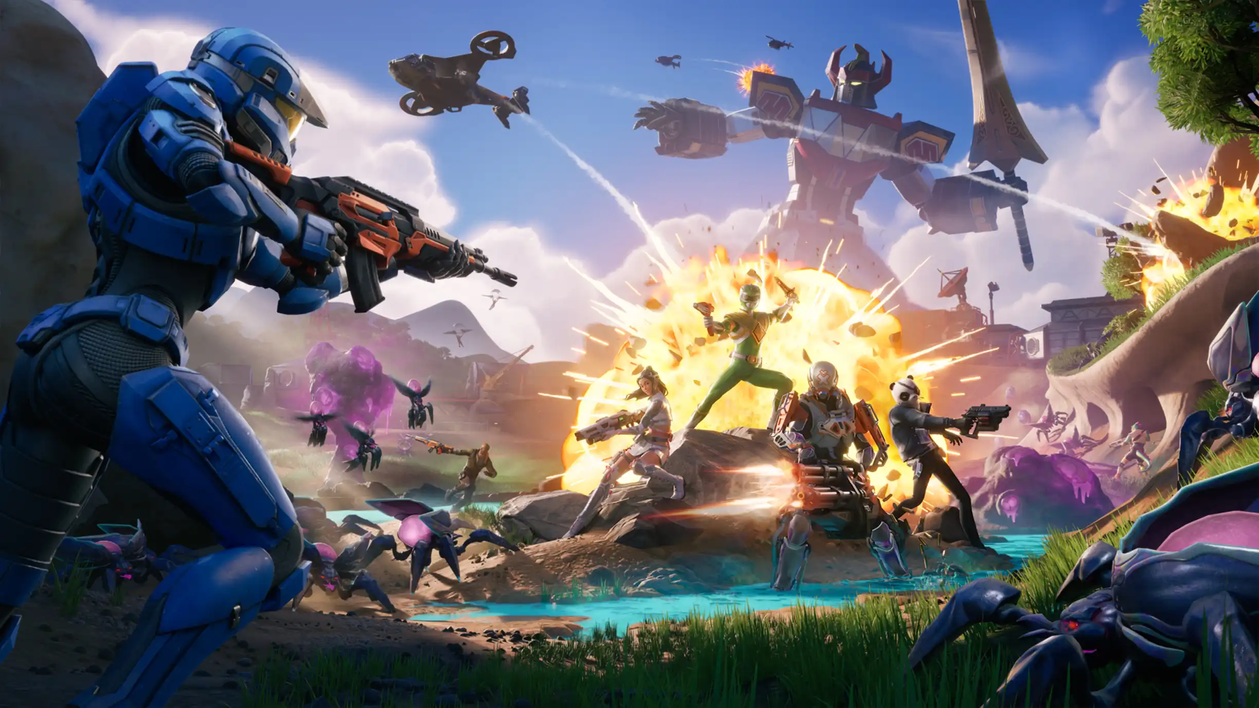 Imagen promocional de Fortnite Capítulo 6 Temporada 4: Shock Explosivo, mostrando a los personajes del Pase de Batalla, como el Spartan y el Ranger Verde, frente al nuevo POI La Colmena.