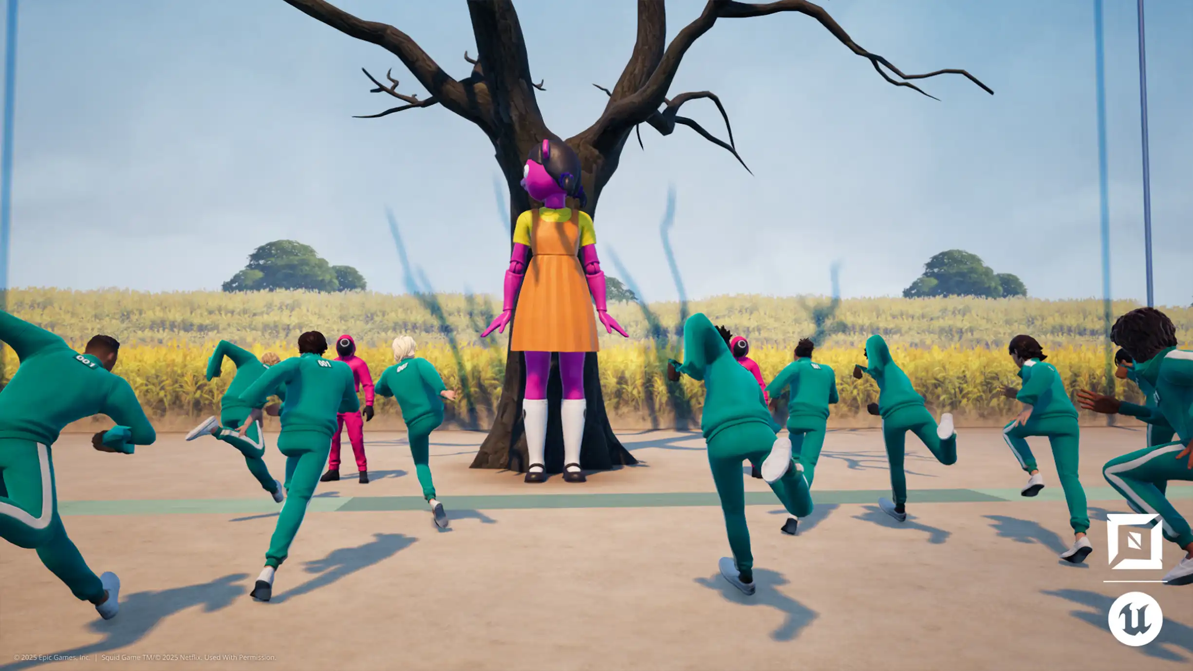 Un personaje de Fortnite con el traje verde de El Juego del Calamar, de pie frente a la muñeca gigante del juego "Luz Verde, Luz Roja" en una isla del modo Creativo.
