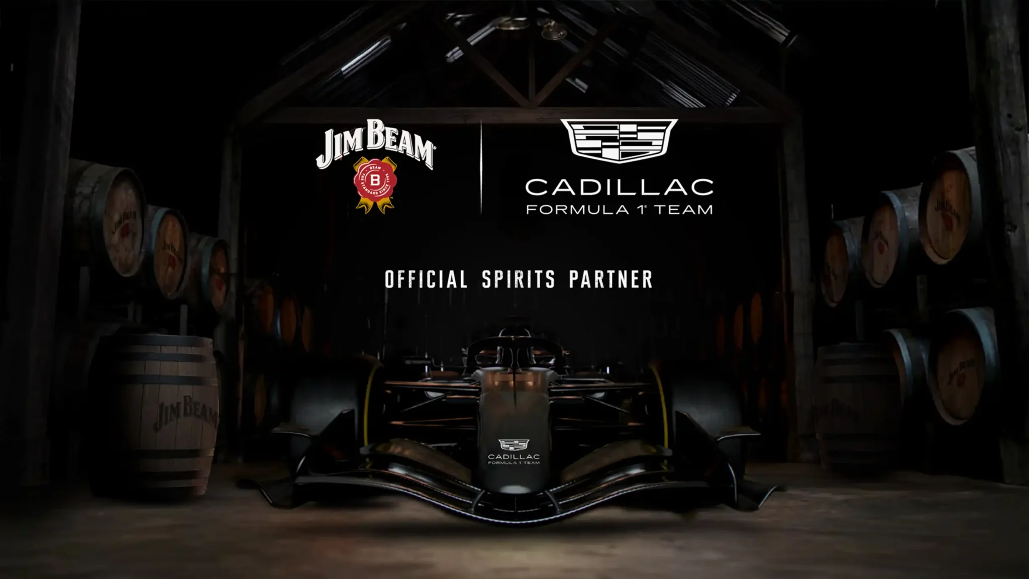 Ilustración del nuevo auto del equipo Cadillac Fórmula 1 al logo de Jim Beam, celebrando su alianza global para la temporada 2026.