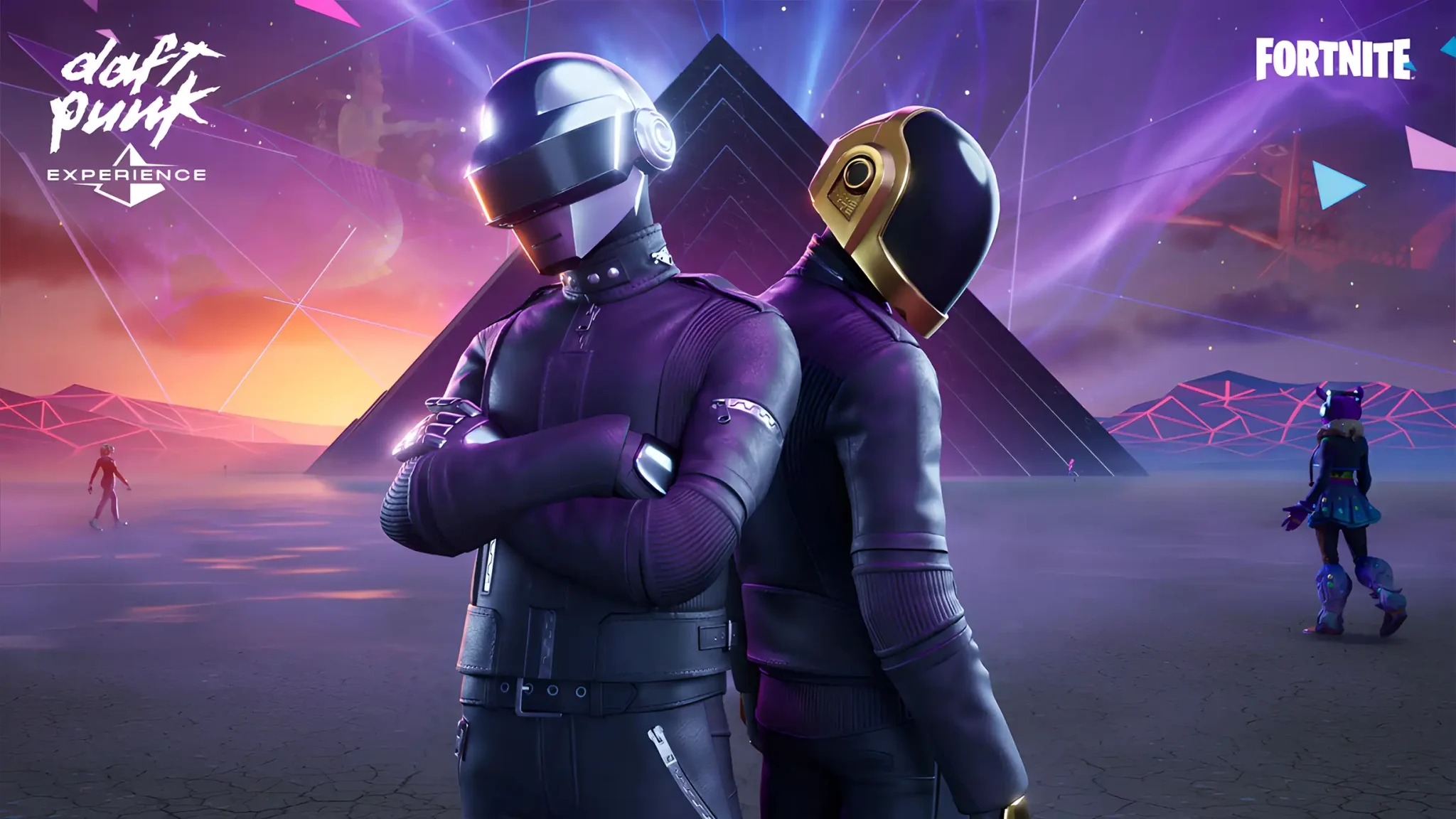 Una imagen promocional de la Experiencia Daft Punk en Fortnite, mostrando a dos avatares con los icónicos cascos robóticos en un entorno retrofuturista de neón.
