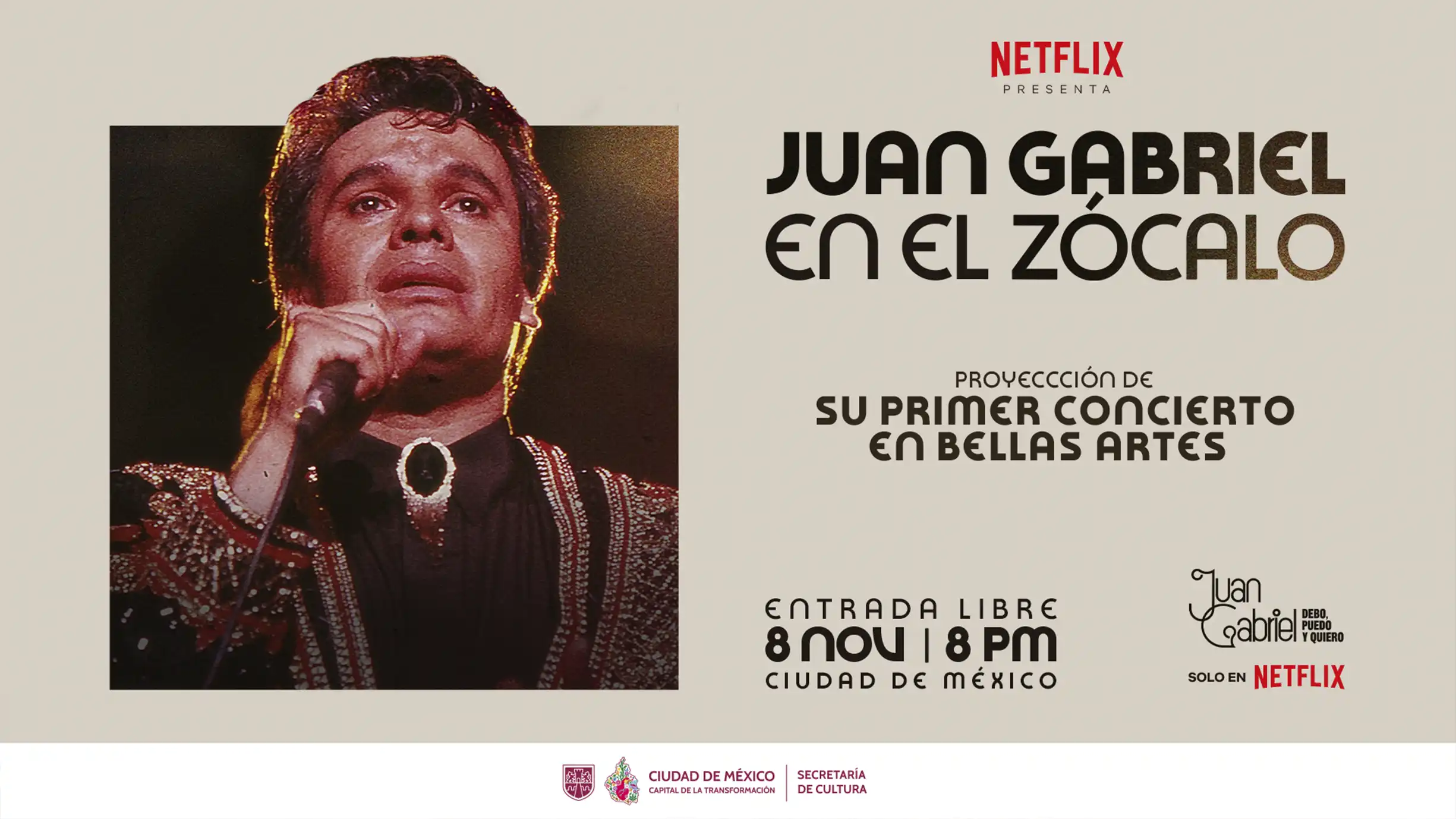 Proyección del icónico concierto de Juan Gabriel en Bellas Artes de 1990 con la Orquesta Sinfónica Nacional en la plancha del Zócalo de la Ciudad de México el 8 de noviembre de 2025.