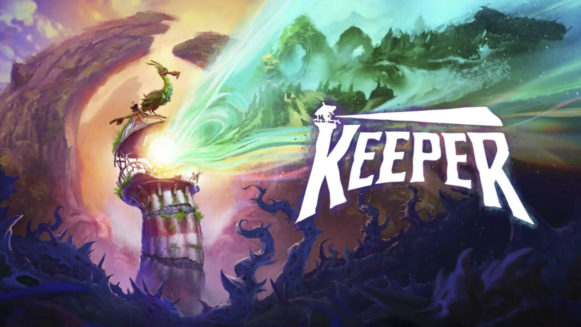 Faro andante Keeper de Double Fine con el pájaro Twig en un paisaje surrealista; escena de la metamorfosis del faro a barco pisciforme.