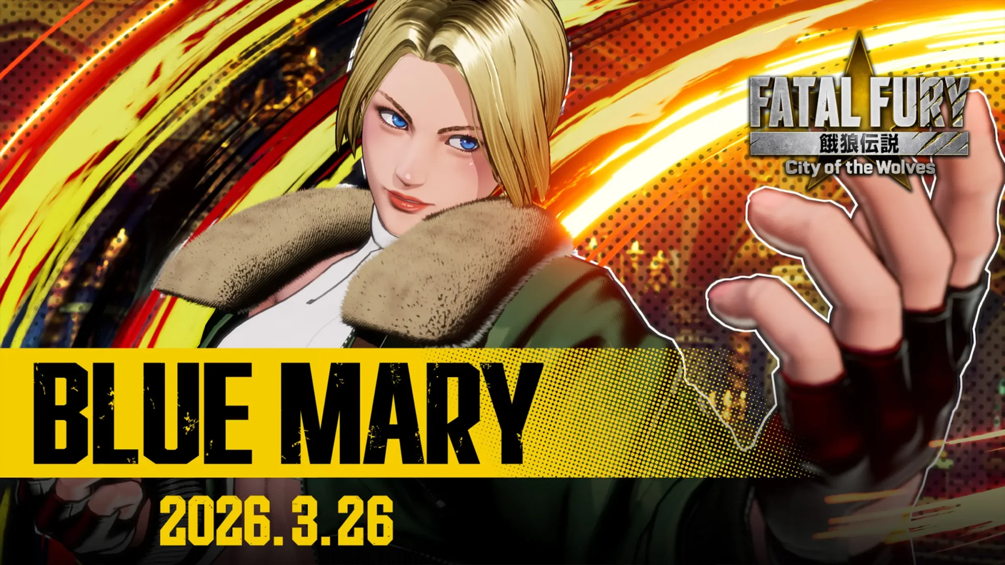 Blue Mary como personaje DLC de FATAL FURY: City of the Wolves en su anuncio de lanzamiento de marzo de 2026