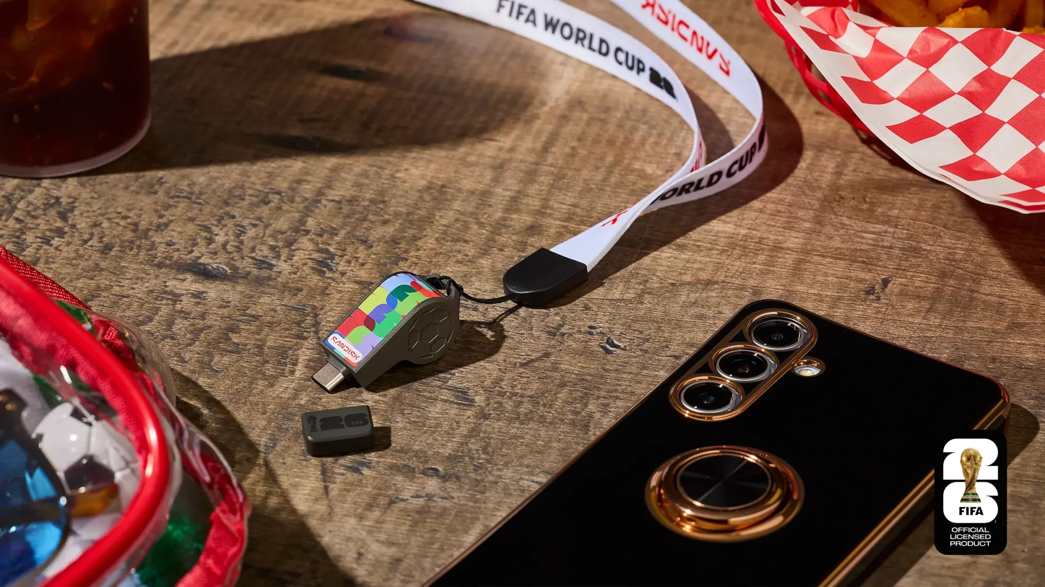 Colección de productos Sandisk FIFA World Cup 2026 con memoria USB-C y SSD oficial en México.
