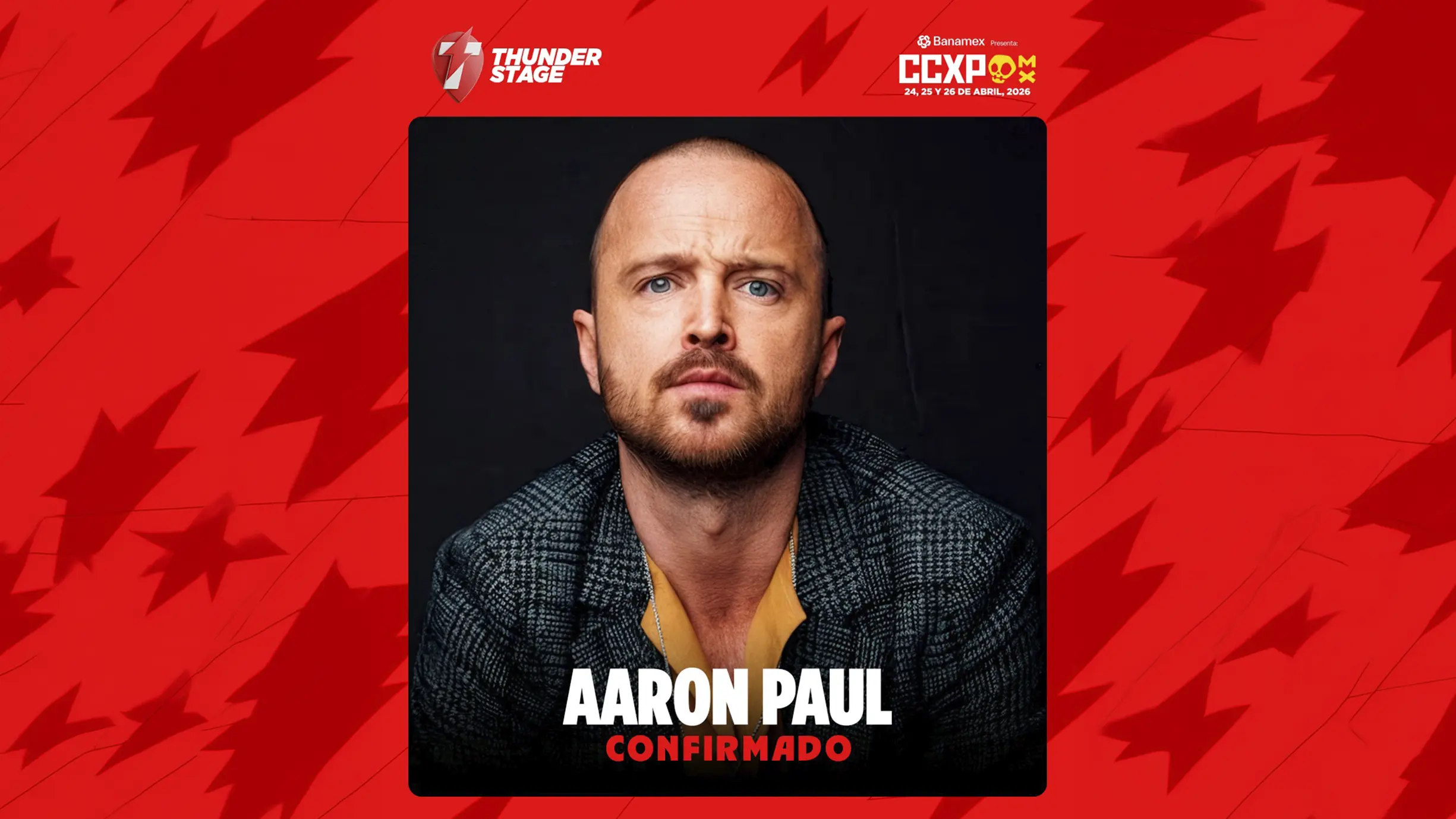 Aaron Paul invitado confirmado en la CCXPMX26 en Ciudad de México durante abril de 2026